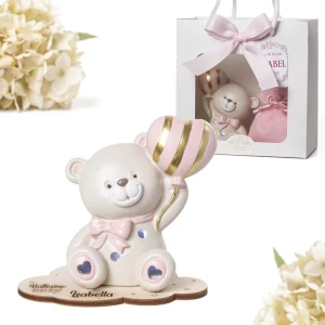 Bomboniera 2027 Battesimo e Nascita Femmina Orsetto PUPO in Resina Luce LED con Palloncino Cuore Rosa Personalizzabile