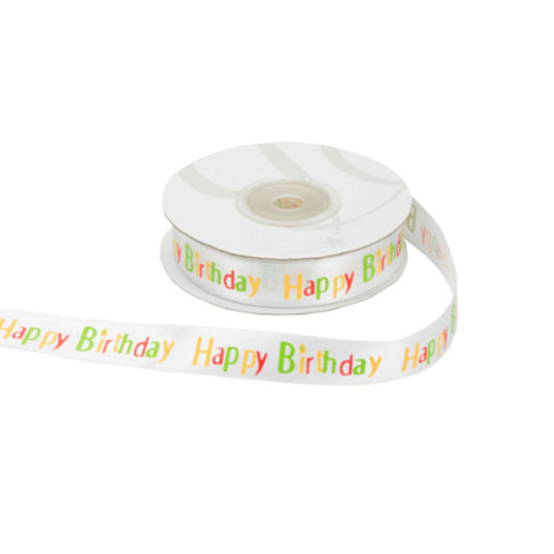 rotolo nastro raso Compleanno con stampa "Nappy Birthday" 15 mm x 25 mt