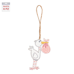 Tag Cicogna con nuvola rosa in legno con cordino - confezione da 6 pezzi