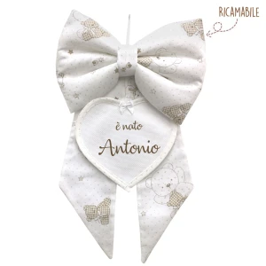 Fiocco Nascita neutro unisex bianco con orsetti e punto croce