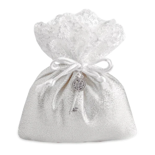 ULTIMI PEZZI 60 Sacchetti Bomboniere eleganti Argento con ciondolo chiave 10x12 PREZZO PER TUTTI